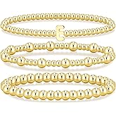 Pls Back Gold Initial Bracelets for Women, 14K Gold Plated Beaded Bracelets Gold Stretch Bead Ball Bracelet stack Set Adjustable Bracelet Set Jewelry for Gifts (E, 7)