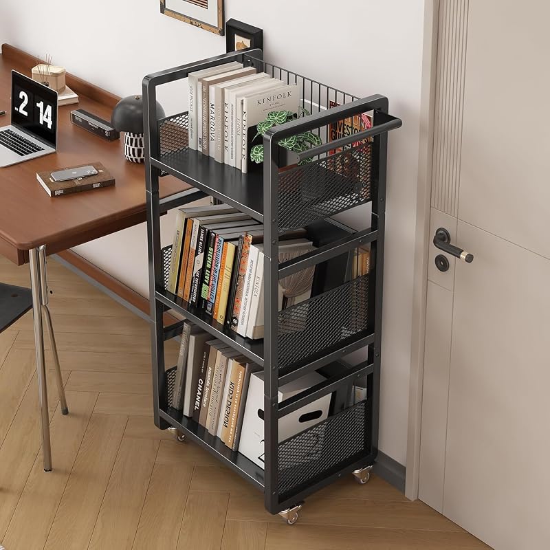 Librería con Ruedas 3 Niveles, Estantería Metálica Móvil, Negro