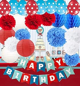 Qian's Party Dr. Seuss Cat in The Hat Birthday Party Decorations/Dr Seuss Decor Turquoise White Red Happy Birthday Banner Airplane Birthday Decorations Red Blue Balloons