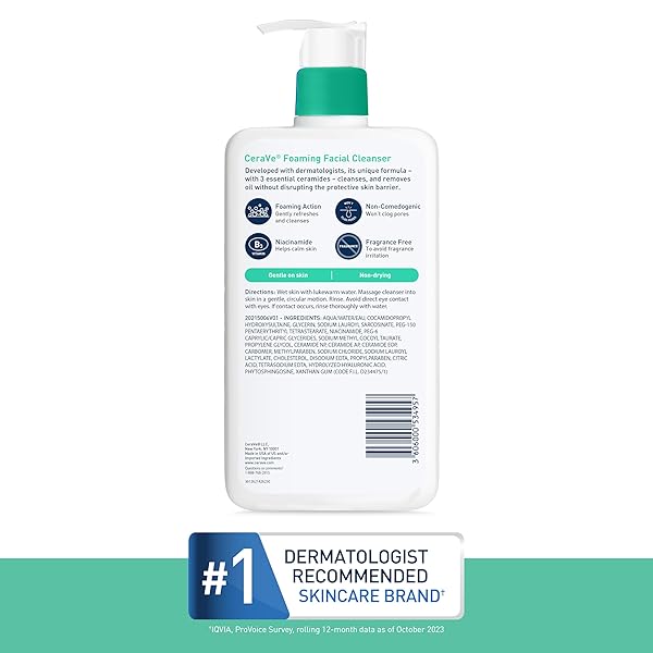 CERAVE FOAMING FACIAL CLEANSER, DAILY FACE WASH FOR OILY SKIN, HYALURONIC ACID + CERAMIDES + NIACINAMIDE, FRAGRANCE FREE & PARABEN FREE, NON-DRYING OIL CONTROL FACE WASH, 19 FLUID OUNCE