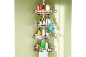 HAMITOR Bathroom Organizer Shelves Tension Pole : Rustproof Adjustable 4-Tier Corner Shelf - 47-121 Inch No-Drill Quick Insta