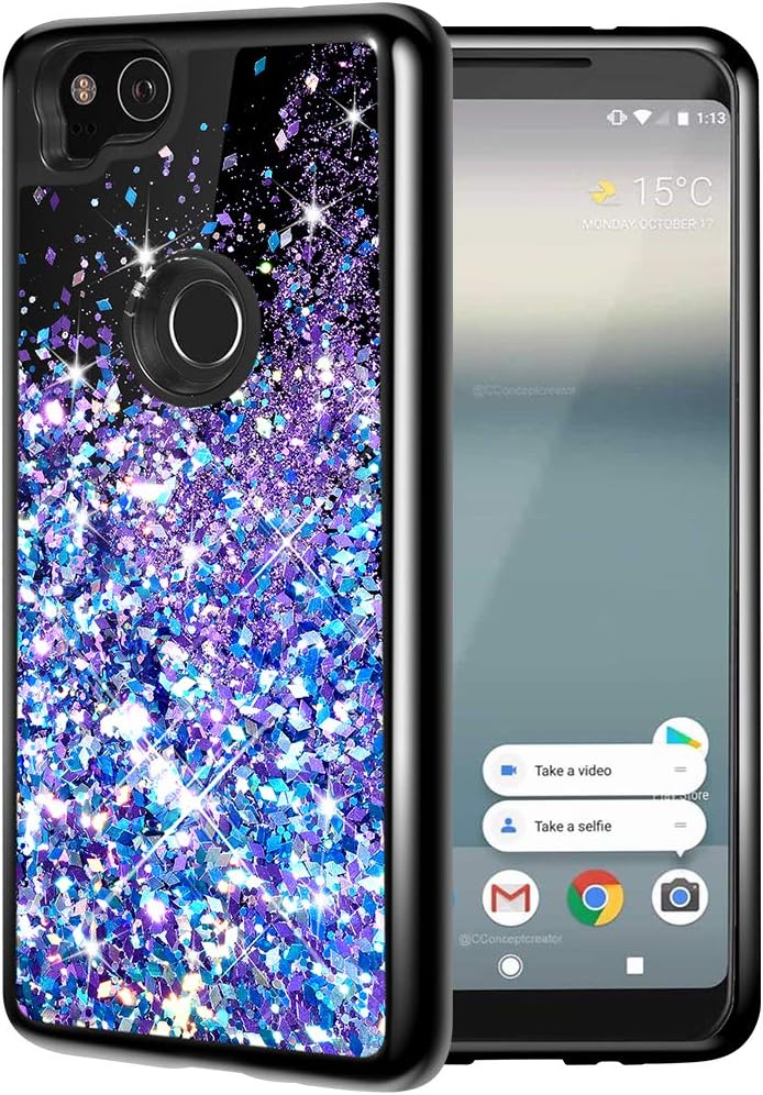 Caka Google Pixel 2 Case, Google Pixel 2 Glitter Case Starry Night Series Luxury Fashion Bling Flowing Liquid Floating Sparkle Glitter Girly Soft TPU Black Case for Google Pixel 2 (Blue Purple)