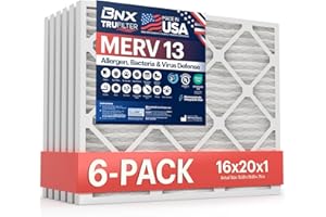 BNX TruFilter 16x20x1 Air Filter MERV 13 (6-Pack) - MADE IN USA - Electrostatic Pleated Air Conditioner HVAC AC Furnace Filte