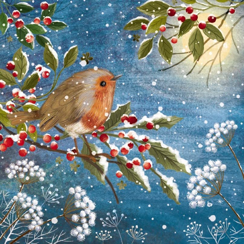 Charity Christmas Cards - Robin on Snowy Holly Branch - Eco-Friendly and Recyclable - Pack of 10 Cards - By The Great British Card Company