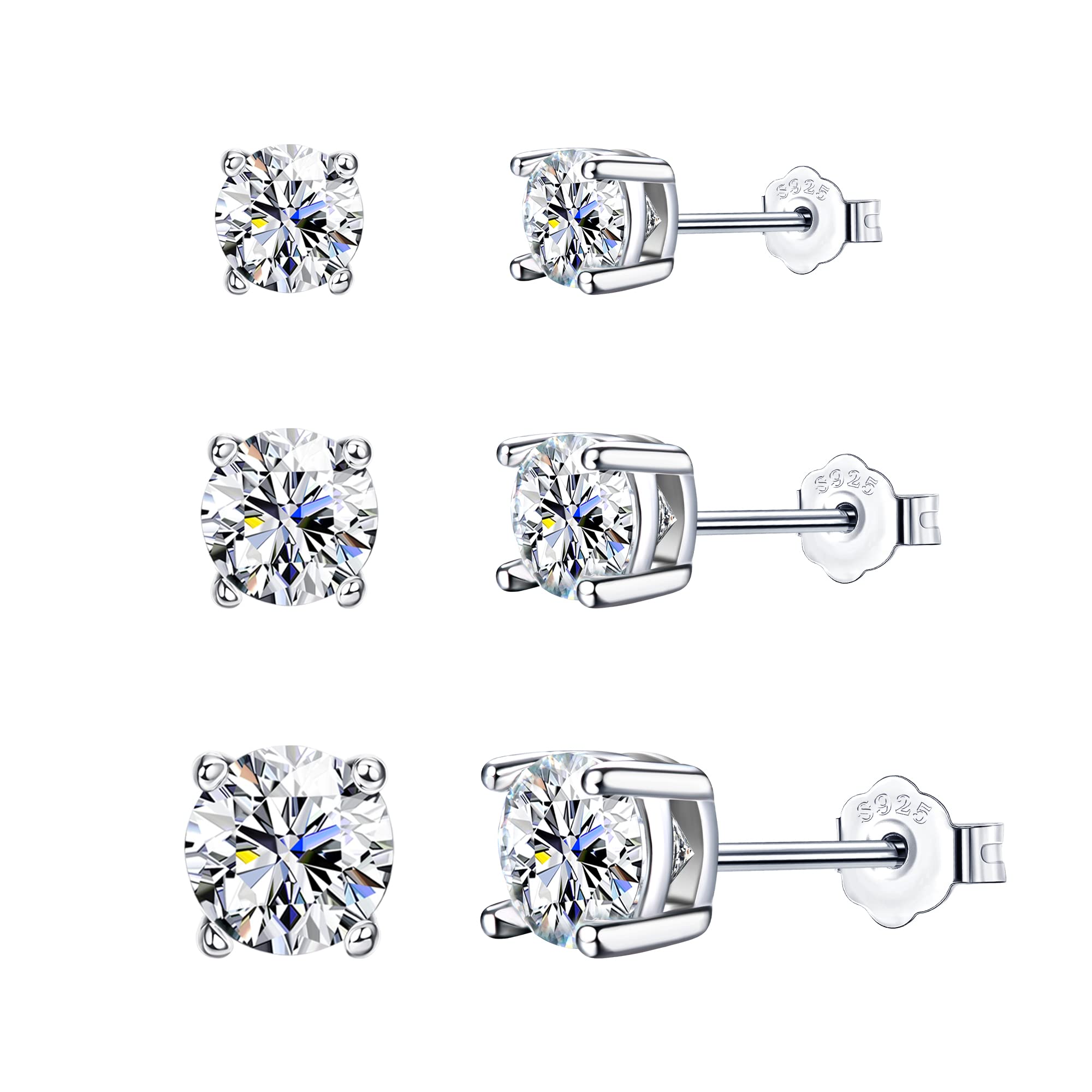 Blahanna Moissanite Stud Earrings 3 Pairs 14K White Gold Plated Sterling Silver Men's Flat Back Stud Earring Cartilage Helix Piercing D Color Moissanite Earrings Birthday Gifts for Men Women 1.8ct-3.2ct
