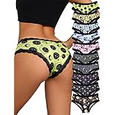 Morvia 10pcs Women's Gothic Contrast Lace Halloween Skull & Rose Print Hipster Panties Assorted Styles