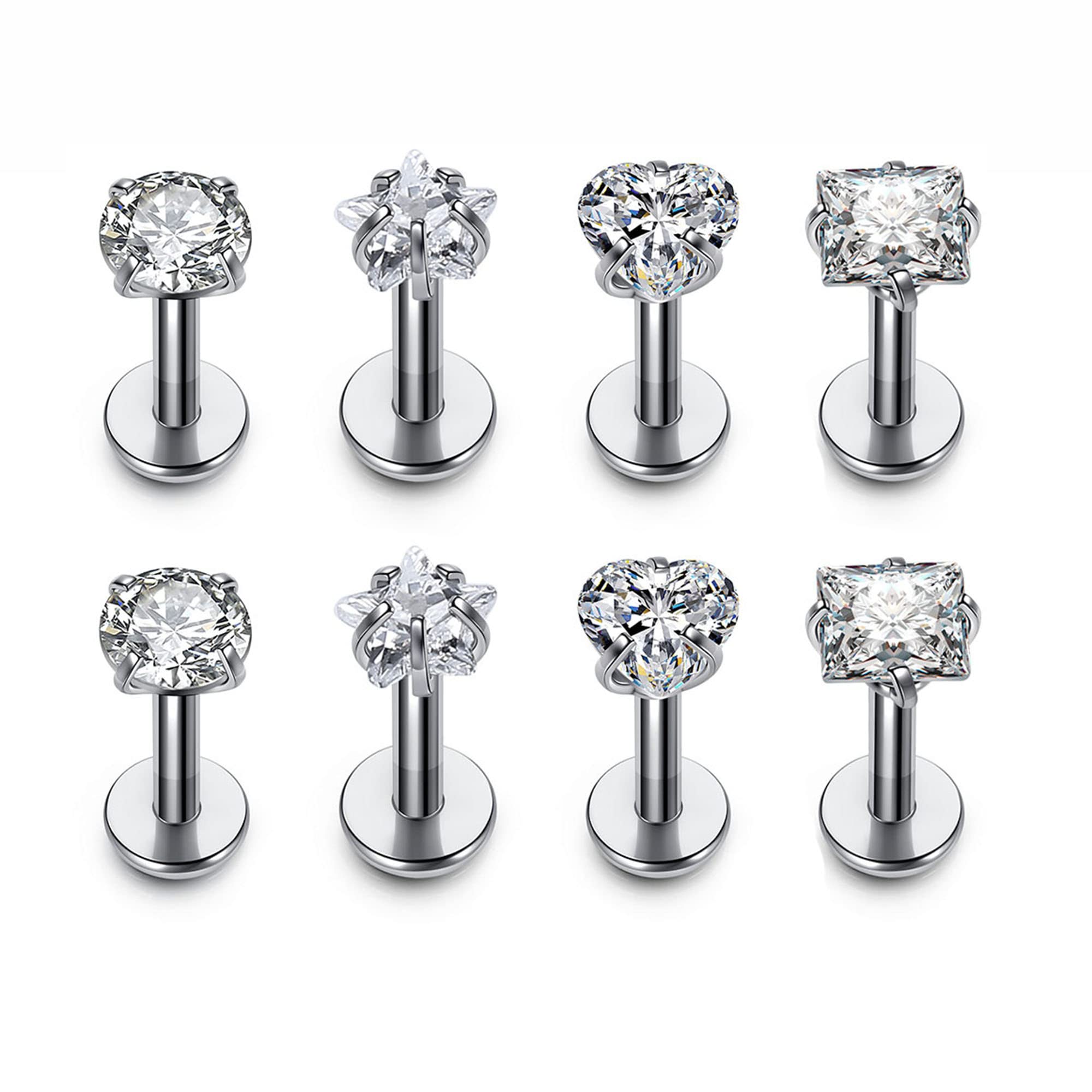 JSDDE 4 Pairs 16G Cubic Zirconia Stud Earrings Stainless Steel Cartilage Septum Lip Tragus Earrings for Women Girls Gift 4mm