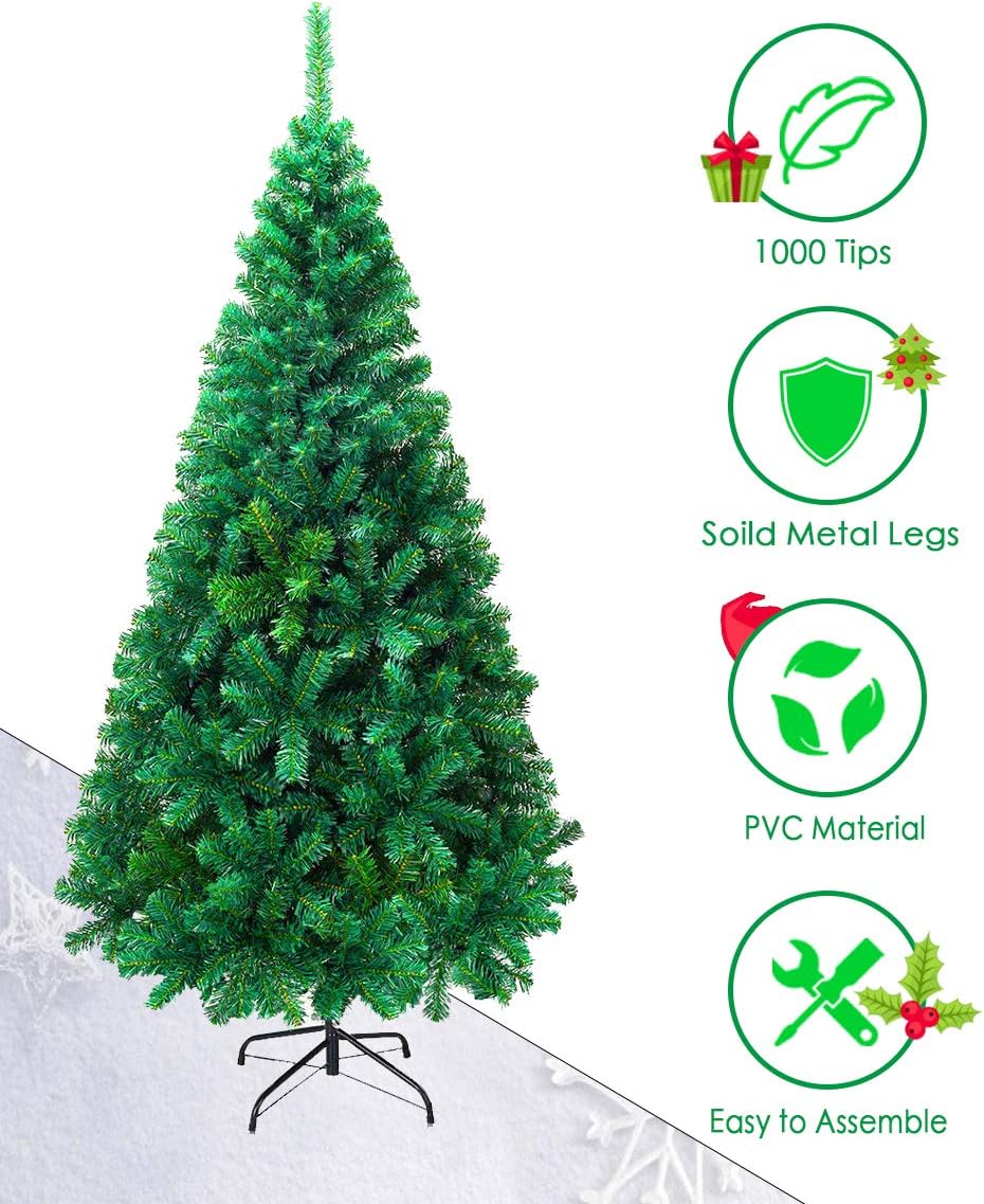 LEMBERI Artificial 6ft Christmas Tree Xmas Pine Tree with Solid Metal Legs,Light Weight, 1000tips, Perfect for Indoor and Outdoor Holiday Decoration (Green, 6 FT)