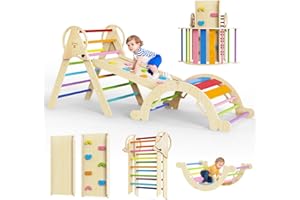 Doerpuz Taleco Gear Pikler Triangle Set 7 in 1,Foldable Baby C limbing T oys Wooden,Toddler Climbing Toys Indoor,Climbing Toys for Toddlers 1-3,with Ramp, Arch and Ladder(Rainbow)