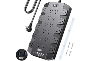 Power Strip Surge Protector with 45W PD USB-C, SUPERDANNY 1875W/15A, 2100J, 6.5ft Flat Plug Mountable Extension Cord with 22 Outlet+6 USB Port, Fast Charging for Home,Office,Dorm,Gaming,PC,Streaming