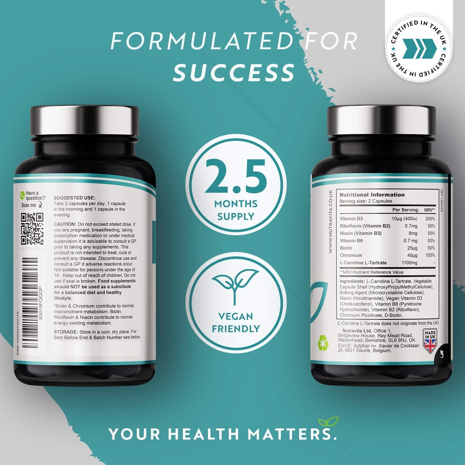 Nutravita L-Carnitine Complex, High Strength Capsules with Added Riboflavin, Biotin, Chromium, Vitamin D, B3 & B6 - Image 4