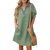 BLENCOT Women's Casual Polo V Neck T Shirt Striped Dress Summer Puff Short Sleeve MIdi Dresses