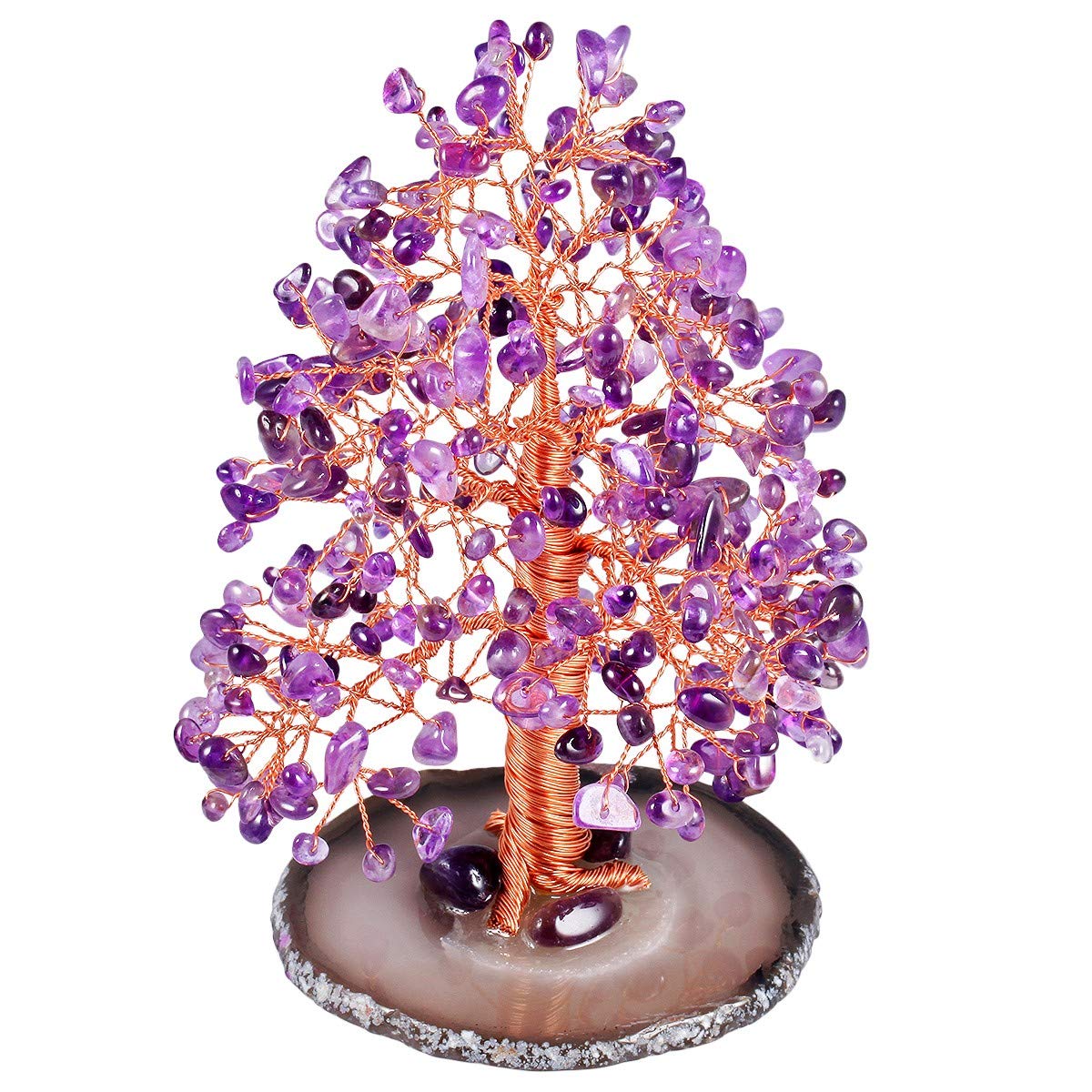 KYEYGWO Handmade Amethyst Crystal Money Tree for Good Luck Wealth Health, Figurine Bonsai on Natural Agate Slab 5"-5.9" High