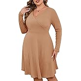 ZOMVA Plus Size Sweater Dress V Neck A-line Knee Length Dress Fall Winter Casual Ribbed Knit Long Sleeves