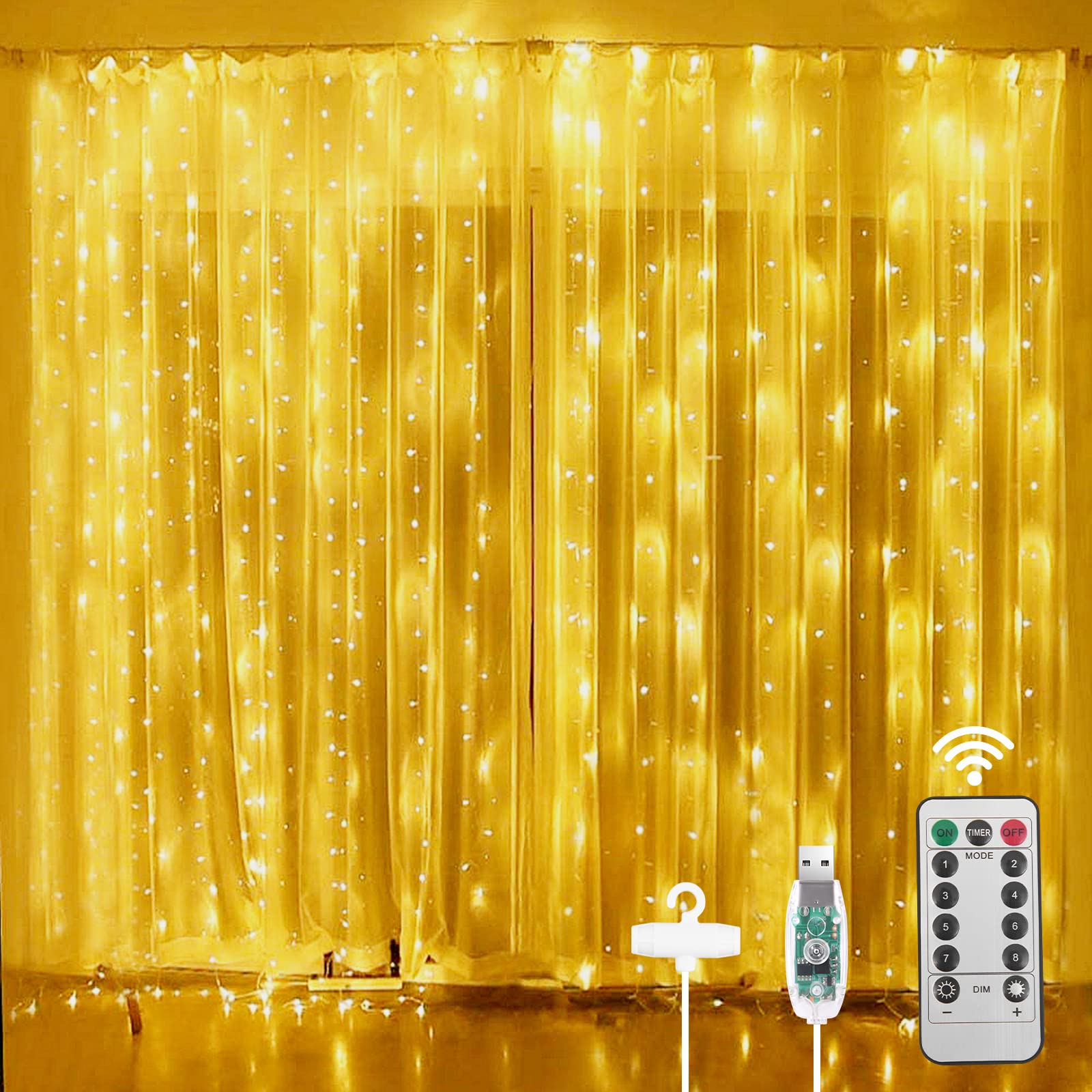 Vicloon Curtain Lights, 3m×3m 300LED Warm White Curtain Fairy Lights, 8 Modes Remote Control Timer Adjustable Brightness, Window String Light USB Operated for Outdoor Indoor Decoration, Warm White