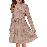YOVION Girls Fall Long Sleeve Dress Knit A-Line Ruffle Tiered Holiday Casual Sweater Dresses with Belt for 6-12 Y