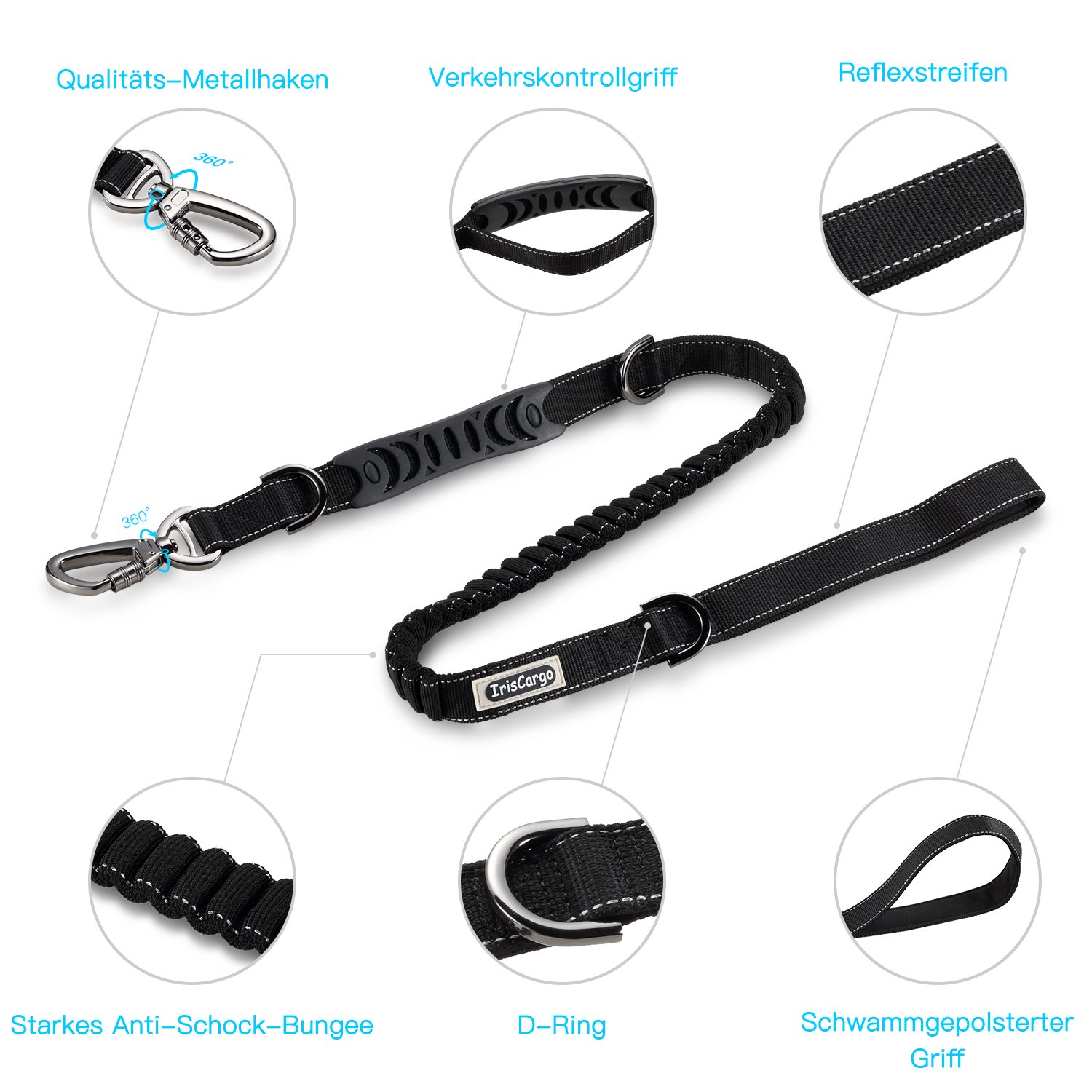 IrisCargo Hundeleine Hundeführleine 1,3m- 1,6m Einziehbare Führleine, Massiv und Verstellbar Hunde Leine, mit Reflexstreifen Rollleinen flexileine Schwarz, Geeignet für Alle Hunde, Max Last ca. 180kg