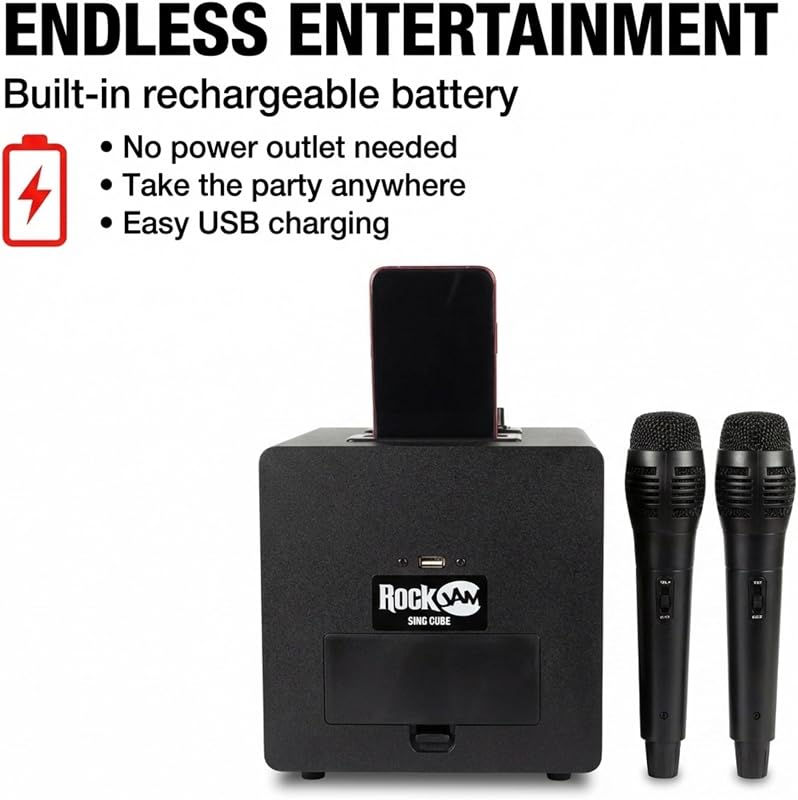 Singcube - Máquina de Karaoke Bluetooth recarregável de 5 watts com dois microfones, efeitos de alteração de voz e luzes LED, cor preta