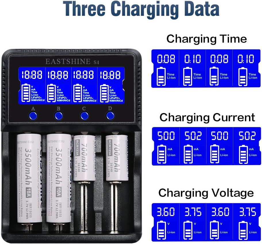 Universal Smart Battery Charger 4 Bay for Rechargeable Batteries Ni-MH Ni-Cd AA AAA C Li-ion LiFePO4 IMR 18650 26650 14500 16340 18500 10440 18350 17670 RCR123a with Car Adapter LCD Display UL Listed: Home Audio & Theater