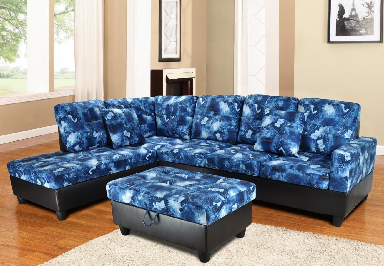 Eternity Home Sectional L-Shape Sofa Set with Ottoman, Denim