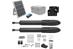 JUJIANG Solar Gate Opener with Batteries & Solar Panel for Dual Swing Gates Up to 770lb per Arm Automatic Gate Openers with Remote Complete Kit Medium Duty Electric Gate Opener Solar Powered PKM-C026