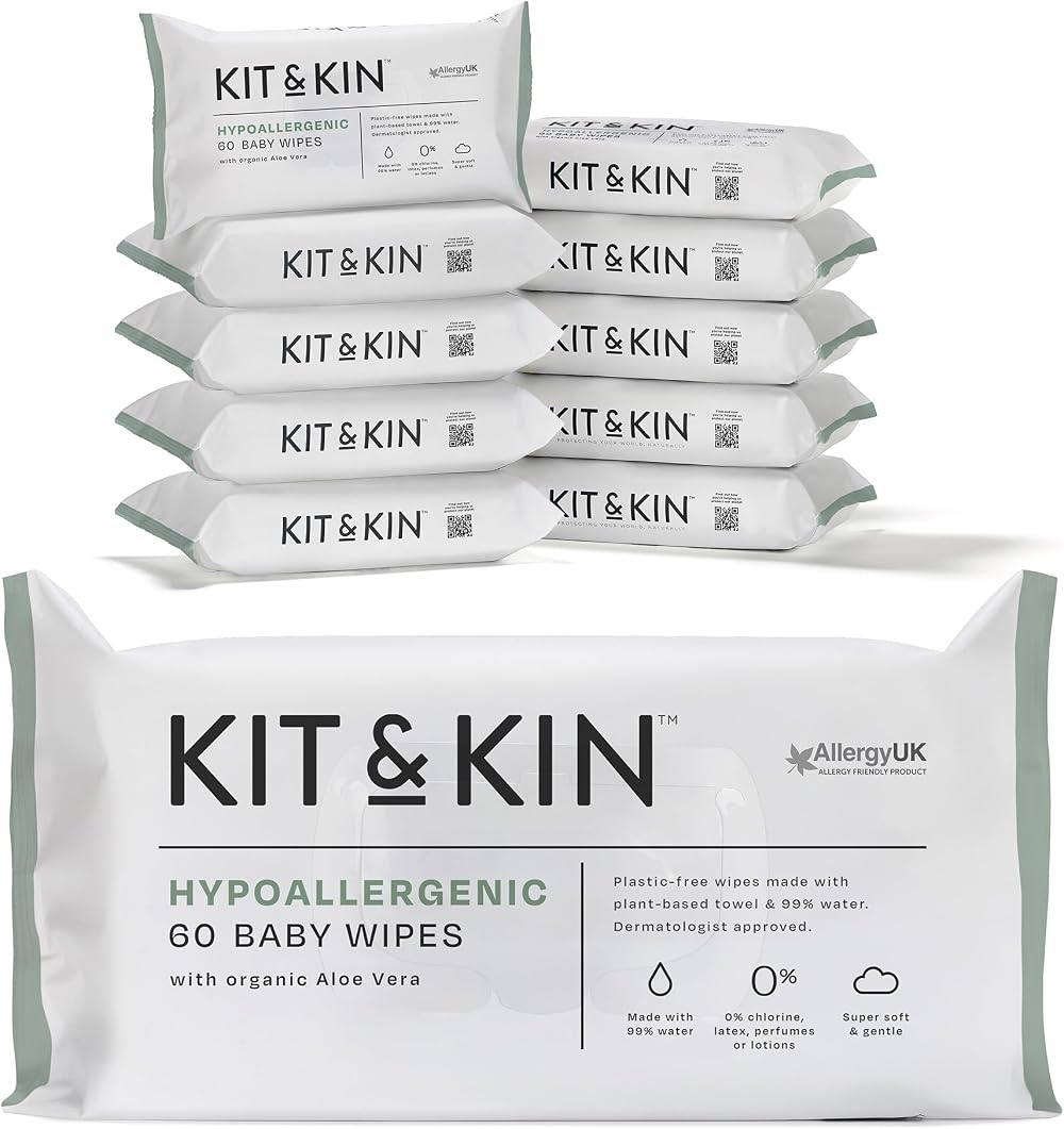Kit & Kin Premium Baby Wipes 600 (10 x 60) Plastic-Free 99% Water