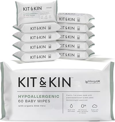Kit & Kin Premium Baby Wipes 600 (10 x 60) Plastic-Free 99% Water