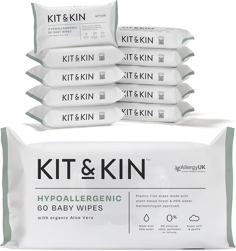 Kit & Kin Premium Baby Wipes 600 (10 x 60) Plastic-Free 99% Water