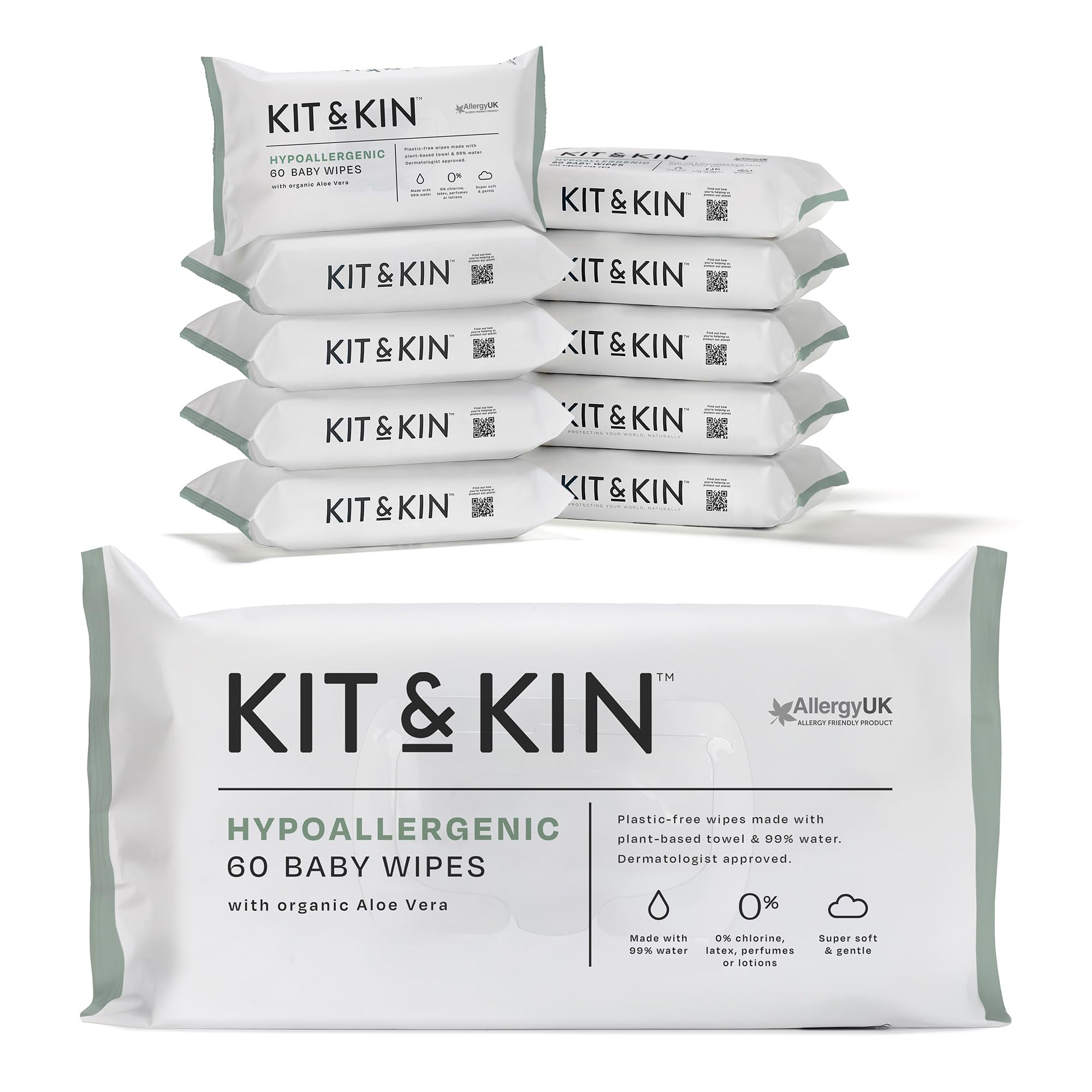 Kit & Kin Premium Baby Wipes, 600 Wet Wipes (10 packs) | Plastic-Free & Super Soft | 99% Water | Hypoallergenic & Dermatologist Approved | No Perfumes | New & Improved Formula
