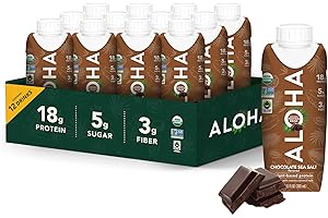 ALOHA Organic Plant-Based Protein Drink – Chocolate Sea Salt Flavor | 18g Protein, 5g Sugar, 3g Fiber | Made with Creamy Coconut Milk, Fair Trade Certified, No Stevia | Vegan, Non-GMO, Gluten-Free, 11 fl oz (12 Pack)
