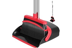 Broom and Dustpan Set, 52-in Long Adjustable Handle Broom Dustpan Combo with Dustpan Teeth to Automatically Clean Hair Suitab