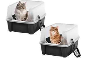 IRIS OHYAMA IRIS USA 2 Pack Large Open Top Cat Litter Box with High Sides, Scatter Shield & Scoop, Black, for Indoor Cats, Kittens or Multicat Homes