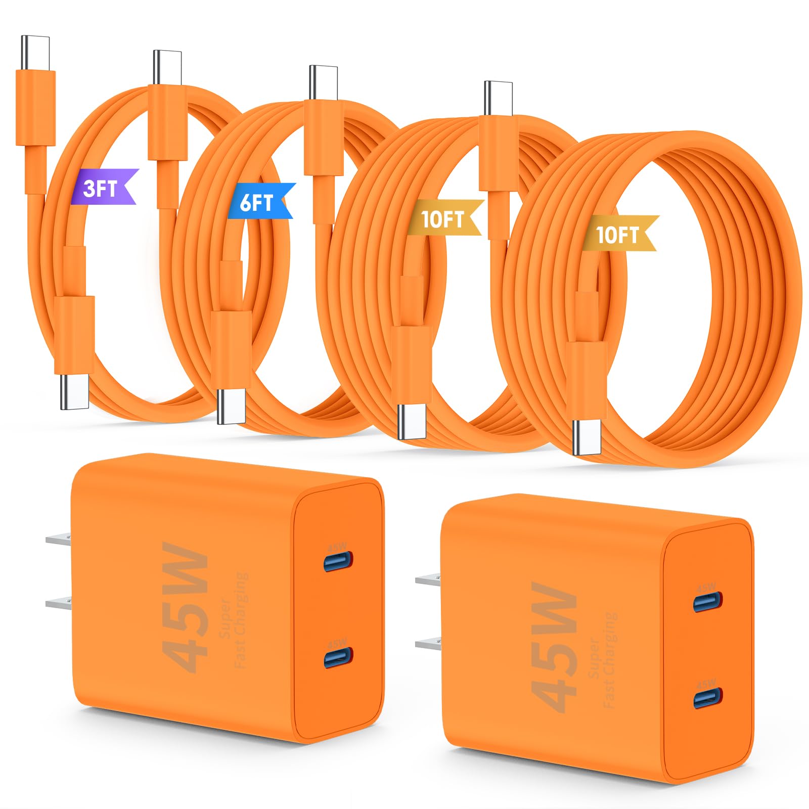 QZIIW iPhone 17 16 15 Pro Max Charger Fast Charging,45W Dual Port USB C Fast Charger Block [2-Pack] & Extra Long 60W 3/6/10/10FT USB C Cable - PD Quick Adapter 3.0 for iPhone 16 15 17/16 15 17 Pro.