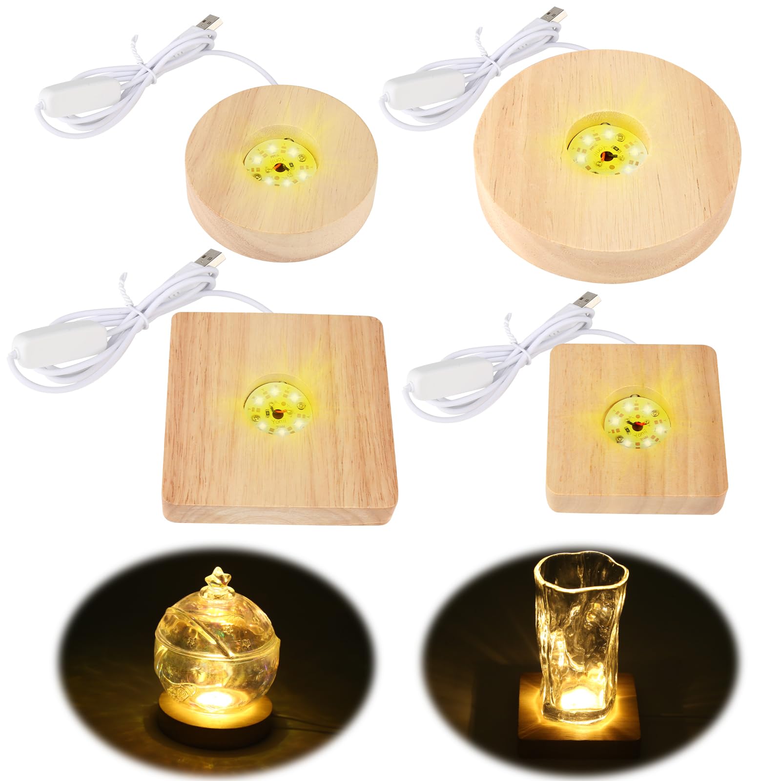 Aubess LED Base, Pack of 4 Wooden LED Light Bases, Square/Round LED Base for Acrylic Glass, Light Base with USB Cable for Crystal Ball, Glass, Acrylic (Warm Light)