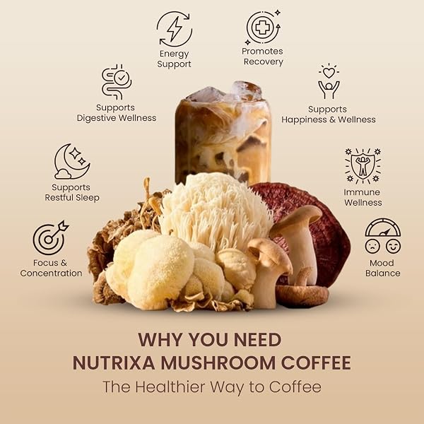 NUTRIXA MUSHROOM COFFEE ORGANIC MEDIUM ROAST 340G (56 SERVINGS) NEW TASTE – 6 ADAPTOGENIC MUSHROOMS FOR ENERGY, FOCUS & GUT HEALTH – INSTANT SUPERFOOD BLEND WITH LIONS MANE, REISHI, CORDYCEPS, TURKEY TAIL, COCONUT & MCT OIL