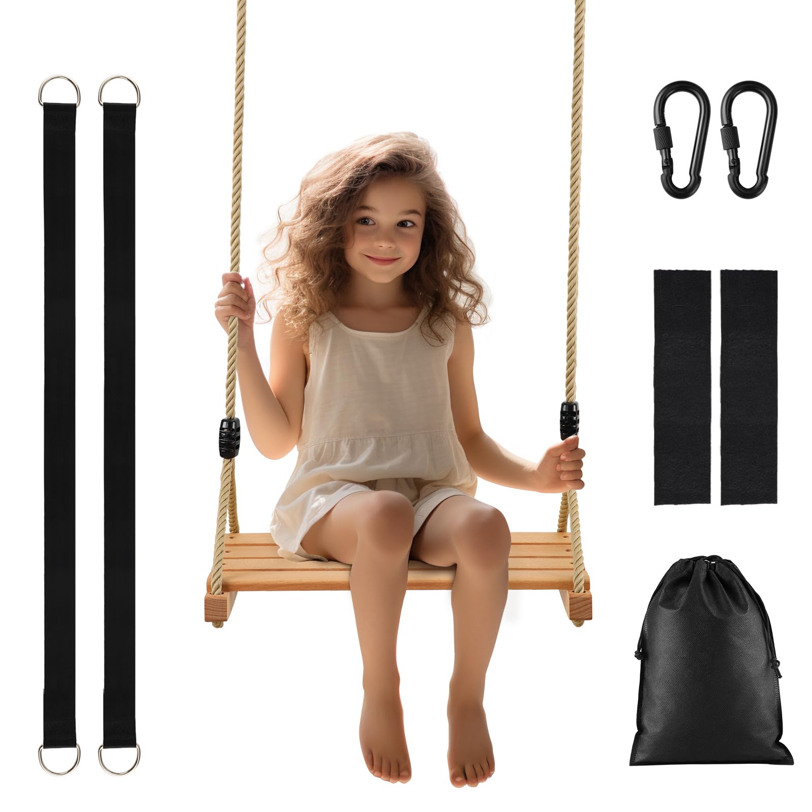 AnExer Wooden Swing Seat, Beech Wood Tree Swing Seat with Adjustable Hemp Rope and Swing Hanging Kit for Adult Children Indoor and Outdoor Garden Yard Play, Max Load 100KG/200lbs