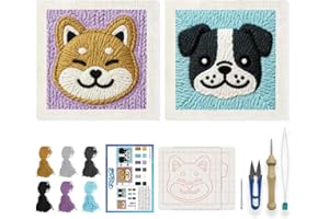 ORIGACH 2 Set Embroidery Punch Needle Kit with Frame, Puppy Dog Needle Punching Kit with Patterns, Threads, Tools & Instructi