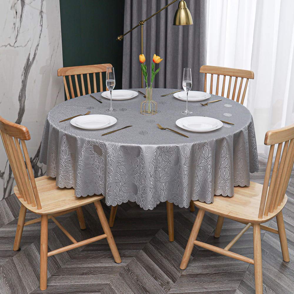 oxiang Round Tablecloth PVC Oilcloth Waterproof Antifouling Cover Outdoor Dining Table Cloth Leaves Gray-200cm