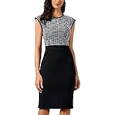 Allegra K Work Dress for Women Tweed Patchwork Crew Neck Cap Sleeve Office Business Bodycon Pencil Sheath Dresses