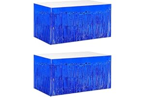 LABZHANG 2 Pack 29.5x72 Inch Metallic Foil Fringe Tinsel Table Skirts Tinsel Backdrop Curtains for Rectangle Tables Parade Floats Mardi Gras Party(Blue)