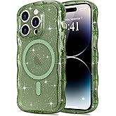 Pepmune Magnetic for iPhone 14 Pro Case Clear, Sparkly Bling Glitter Cute Curly Wave Transparent Cover for Women Men Compatible with MagSafe Shockproof Protective Phone Case for iPhone 14 Pro, Green