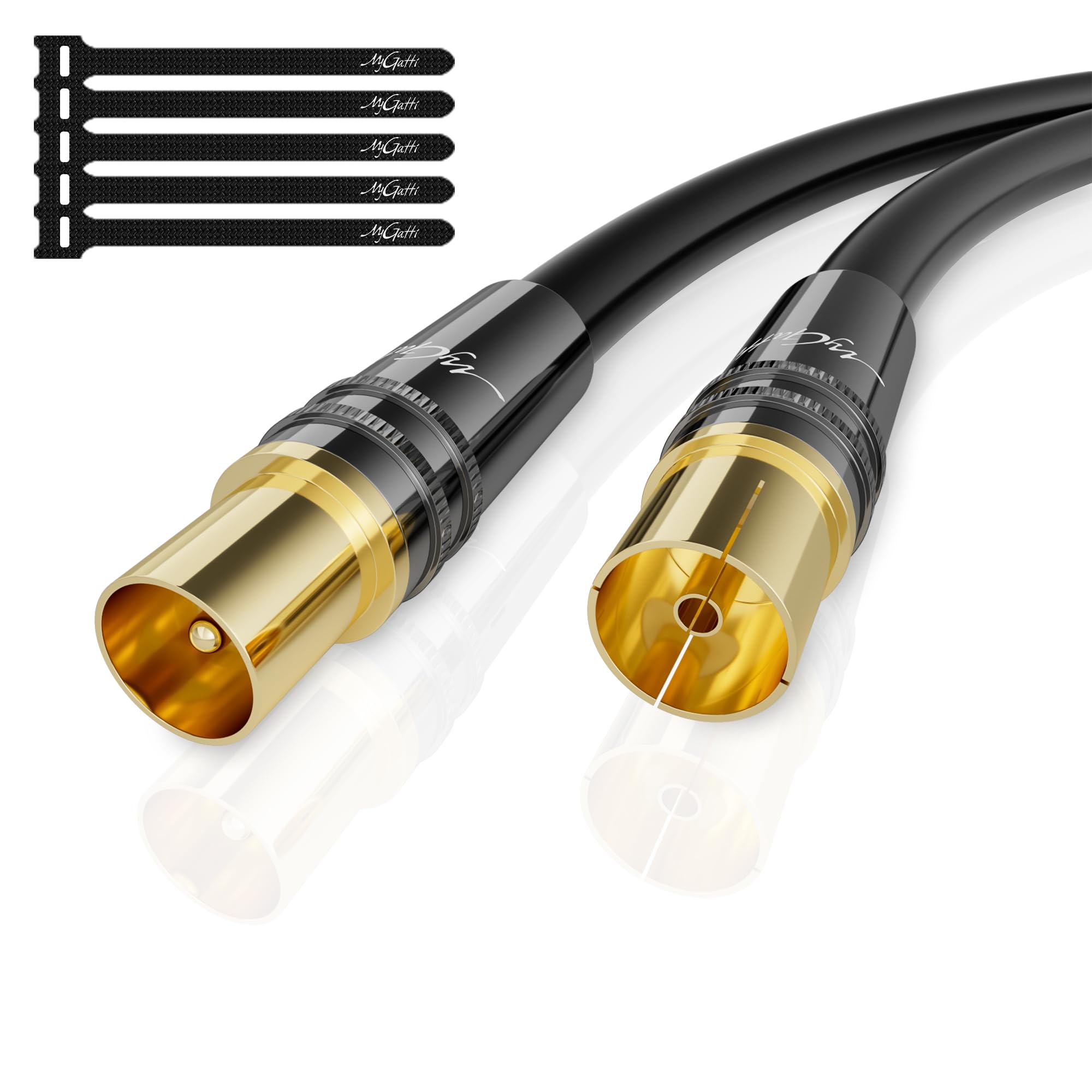 Mygatti RG6 4K TV Aerial Cable 7.5 Meters,black Satellite Cable,Antenna cable -75 Ohm - Gold-Plated IEC Connectors Plug/Socket, for Digital and Analogue,TV Receiver, with 5 Cable Ties