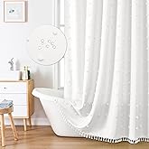 LilyCat Boho Farmhouse White Fabric Shower Curtain, 72x72 Tufted Pleat Floral Puffs Textured Tassel Cute Rustic Vintage Shower Curtain for Bathroom, Minimalist Cloth Shower Curtain Set with Hooks