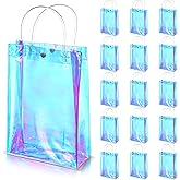 Sherr 16 Pcs Holographic Small Gift Bag Reusable Iridescent Clear Bags for Women PVC Plastic Goodie Holder with Handles for Shopping Christmas Holiday Gift Party Favor(10.24" x 3.15" x 7.09",Rainbow)