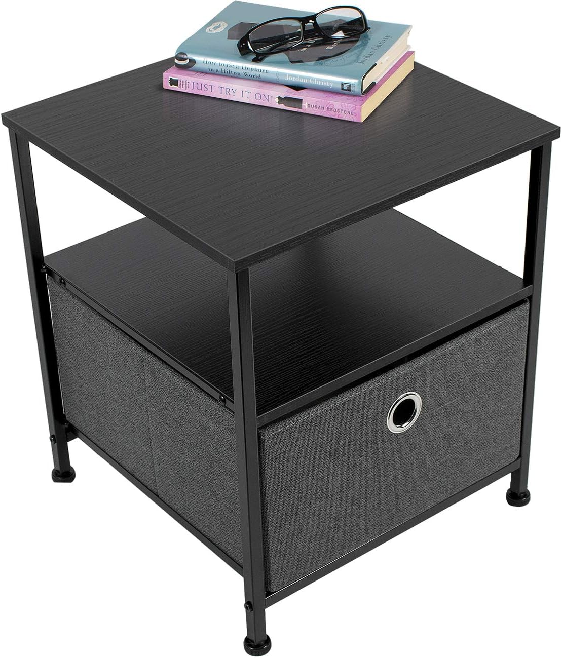 Sorbus Nightstand 1-Drawer Shelf Storage- Bedside Furniture & Accent End Table Chest for Home, Bedroom, Office, College Dorm, Steel Frame, Wood Top, Easy Pull Fabric Bins (Black/Charcoal): Kitchen & Dining