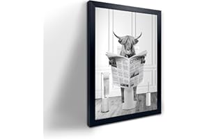 YONGART Black Framed Bathroom Decor,Funny Highland Cow Wall Art in Bathtub, Black and White Canvas Cow In Bathroom Picture, Humor Animals Bathroom Artwork Prints, Bedroom, Kids Bathroom Decor