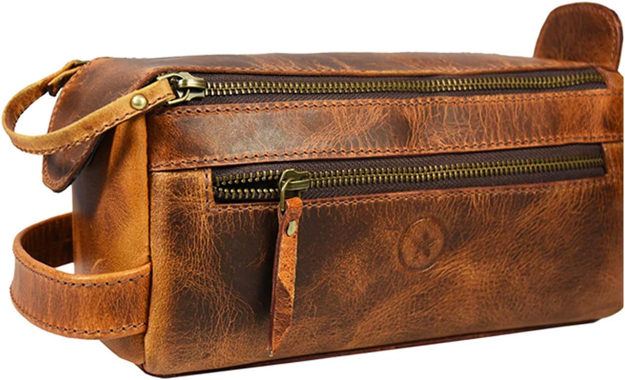 Leather Toiletry Bag for Men 9 Inch | Grooming Travel Kit | With Waterproof Lining | By Aaron Leather (Caramel)