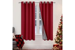 XWZO 100% Blackout Curtains 63 Inches Long with Tiebacks- Soundproof & Energy Efficiency Window Draperies Grommet Top with Black Liner for Bedroom/Living Room, Christmas Red, W52 x L63, Set of 2