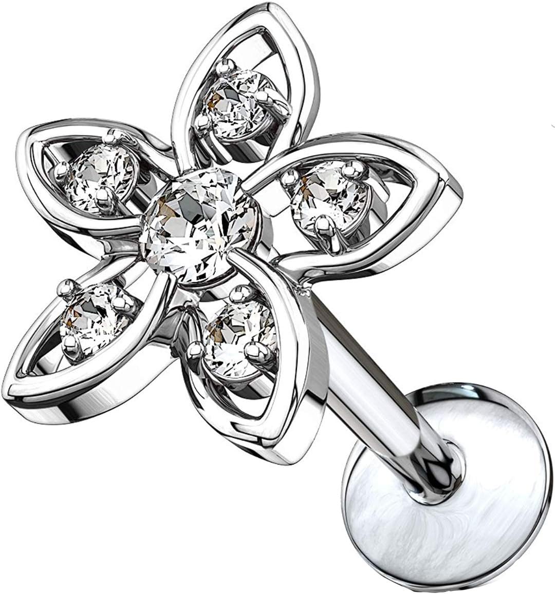16G Labret Monroe Internally Threaded Stud Flower CZ