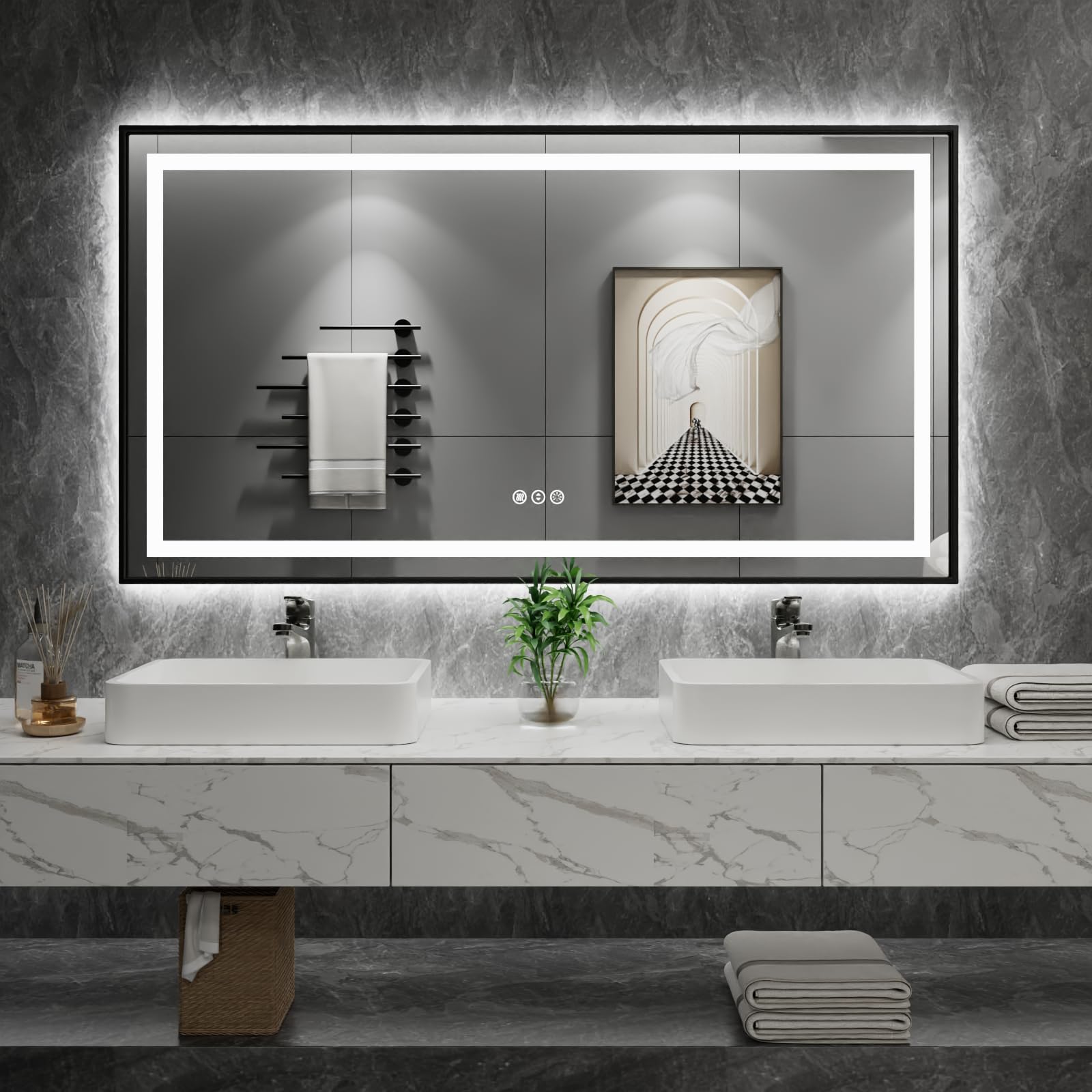 Photo 1 of Amorho 55" X36" LED Bathroom Mirror Black Framed, Front Light and Backlit, Stepless Dimmable, Anti-Fog, Shatter-Proof, Memory, 3 Colors, Double LED Vanity Mirror